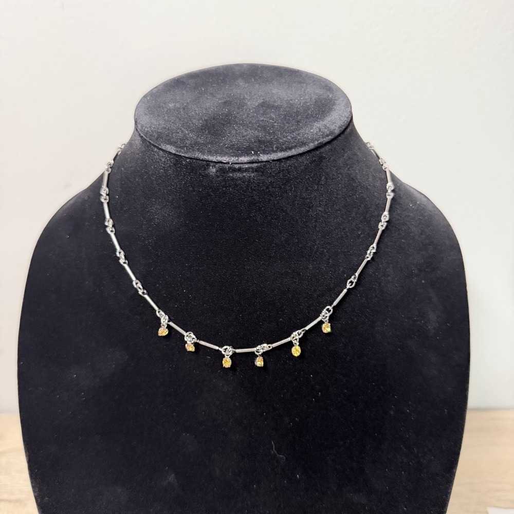 Silver Tone Yellow Rhinestone Dangle Necklace Y2K Boho Fairy Grunge Glam Fashion